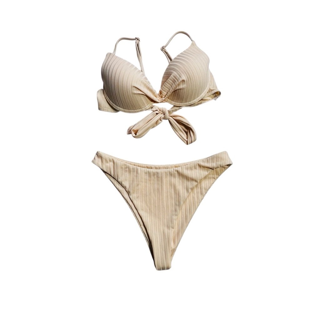 Beige Ribbed Bikini Set